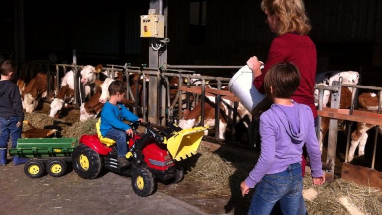 Scooter stable, © Kerndlerhof Children play with a toy tractor in a cowshed.