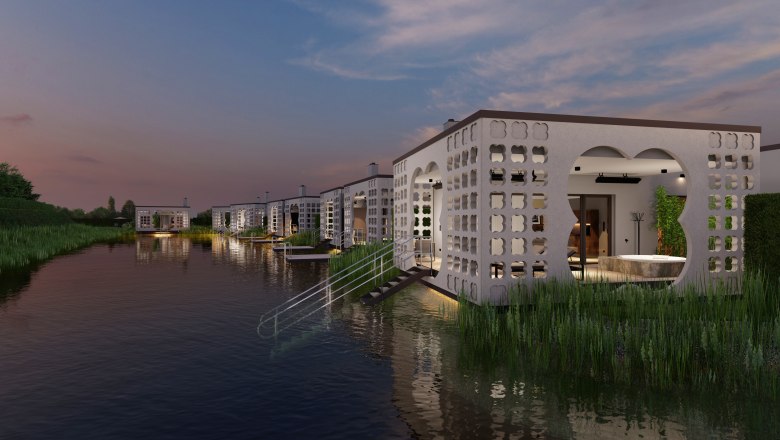 Silent Villas, © Wolfgang Vanek Modern villas on the water at sunset.