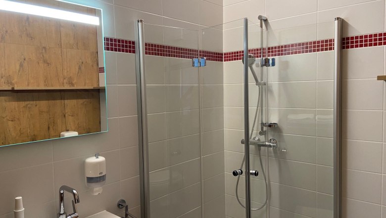 Bathroom with shower and WC, © Wiener Alpen Modern bathroom with shower, washbasin and mirror.