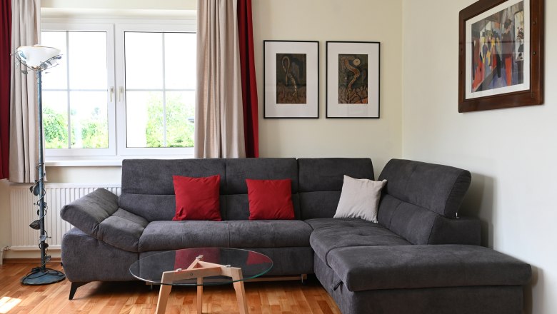 Living room, © Christine Kuppelwieser Modern living room with gray sofa, red cushions, glass table and artwork on the wall.