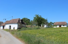 Roseldorfer wine cellar lane, © Weinviertel Tourismus Rural scene with old buildings and green fields under a blue sky.