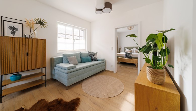 Apartment Wackelstein, © Göllitzhof Modern living room with light blue sofa, wooden furniture and houseplant.