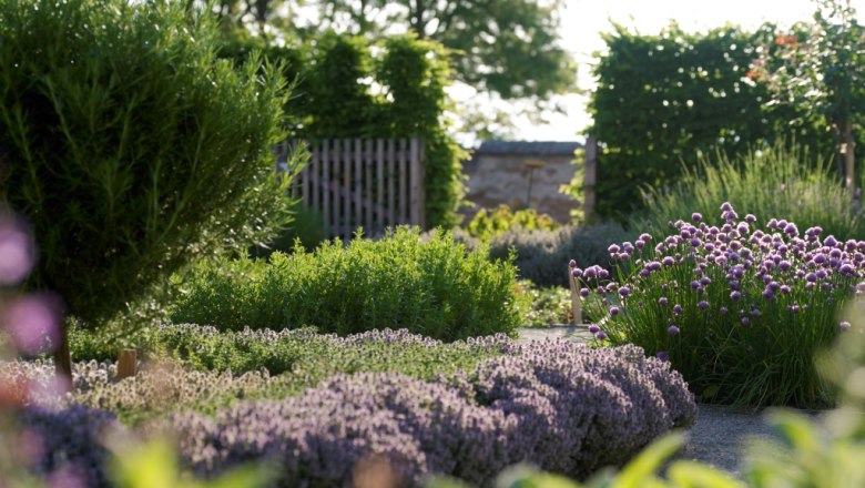 Schloss Hof herb garden, © Natur im Garten/Alexander Haiden A well-tended herb garden with blooming lavender and chives in the foreground, surrounded by green hedges and trees.