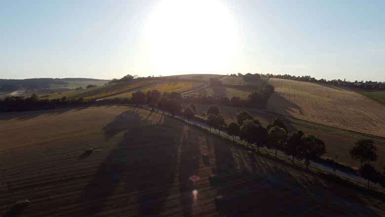 Landscape, © Endcut.Film Production Sunset over a hilly landscape with fields and trees.