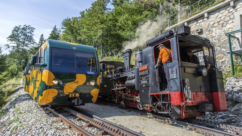 The nostalgic steam train crosses with the Salamander train, © NB-Zwickl Salamander train and steam locomotive meet on a double-track line in a forest landscape.