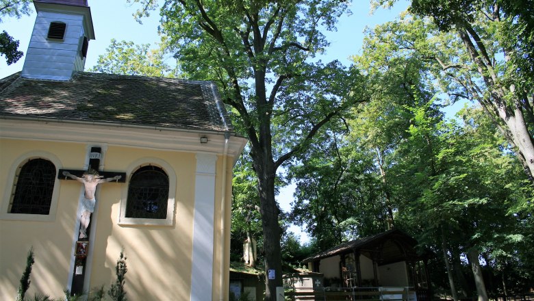 Romantic spot at the Bründl, © Fotoclub Pulkau A small chapel in the forest with a crucifix on the outside wall.