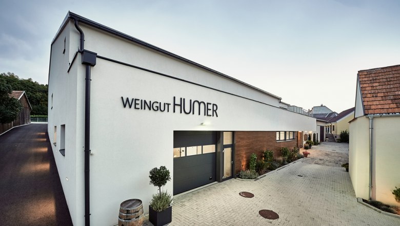 Humer Winery, © Martin Sommer Modern building of the Humer winery with paved courtyard and plants.