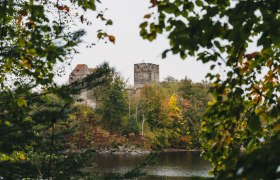 Ottenstein reservoir - view of the Lichtenfels ruins, © Line Sulzbacher View of the Lichtenfels ruins on the Ottenstein reservoir, surrounded by autumnal trees.