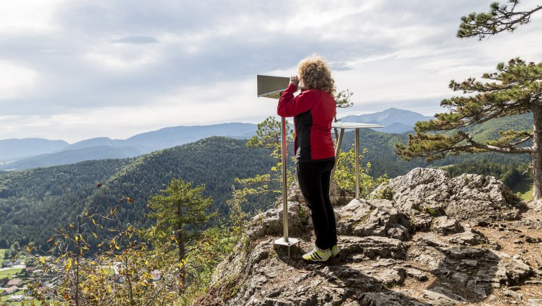 Viewpoint Hausstein, © Wiener Alpen, Foto: Franz Zwickl Person on a vantage point with binoculars, surrounded by mountains and forest.