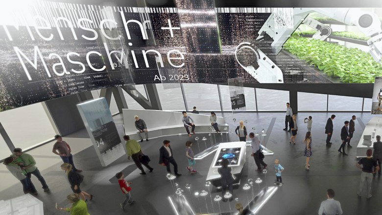 House of digitization, © Tamschick-Mediaspace-GmbH Interior view of a modern showroom with people and digital displays.