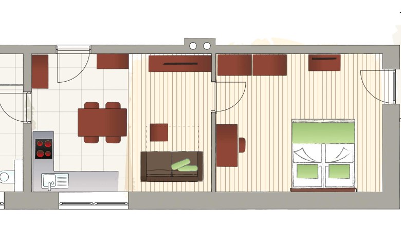 Floor plan Top 13, © Mattone GmbH Floor plan of an apartment with kitchen, living room, bathroom and balcony.