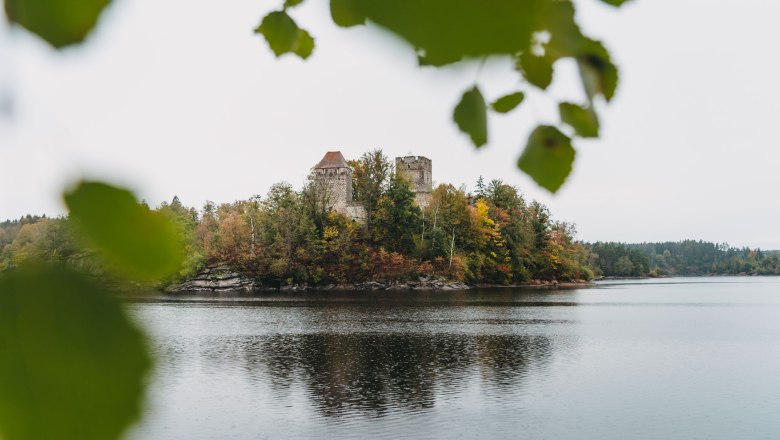 Ottenstein reservoir - view of the Lichtenfels ruins, © Line Sulzbacher View of the Lichtenfels ruins on the Ottenstein reservoir, surrounded by autumnal trees and water.