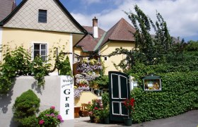 Exterior view, © Familie Graf Exterior view of a yellow building with plants and flowers.