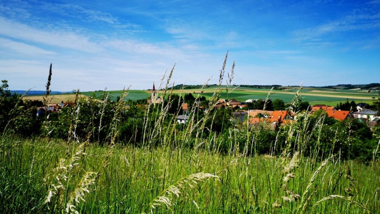 Wonderful view, © Weinstraße Weinviertel Landscape with meadow, village and hills in the background under a blue sky.