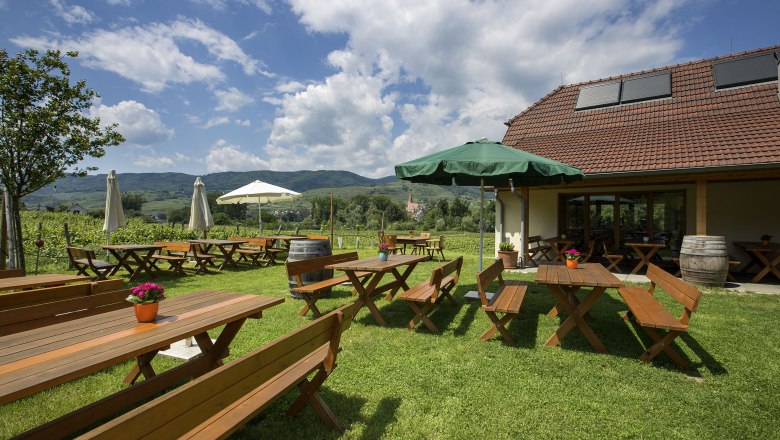 Wine tavern garden of the Kendl family, © Monika Loeff Heurigen benches on the green meadow