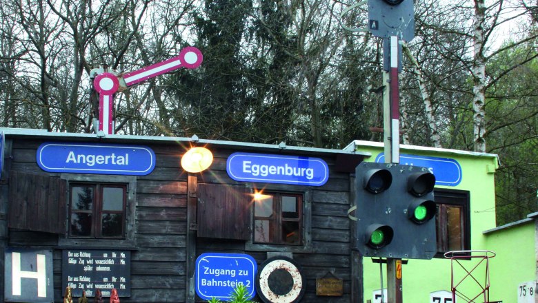 Railroad Museum, © Archiv Grafenberg Model railroad with trains in front of a small building with signs 'Angertal' and 'Eggenburg'.