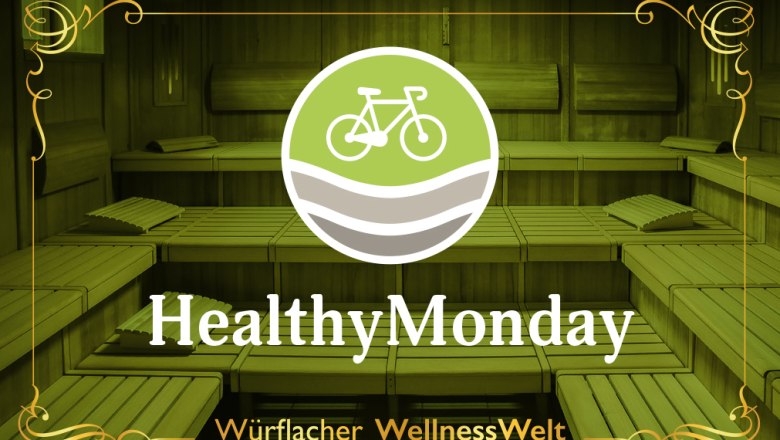 Monday, © DESIGN S (design-s.at) A wellness room with wooden benches and a logo with a bicycle and waves. Text: HealthyMonday, Würflacher WellnessWelt.