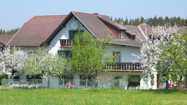 Gasthof Neumeister, © MG Rfd A white house with a brown roof, surrounded by blossoming trees and a green meadow.