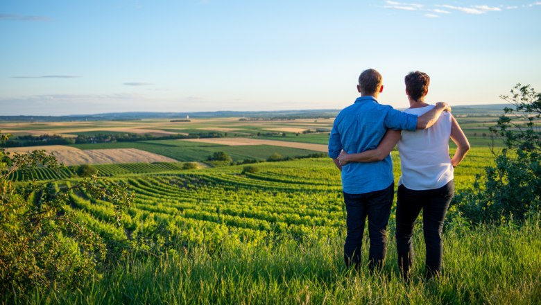 Gently rolling wine landscape, © Tonality A couple stands embracing on a hill overlooking a vast wine landscape at sunset.
