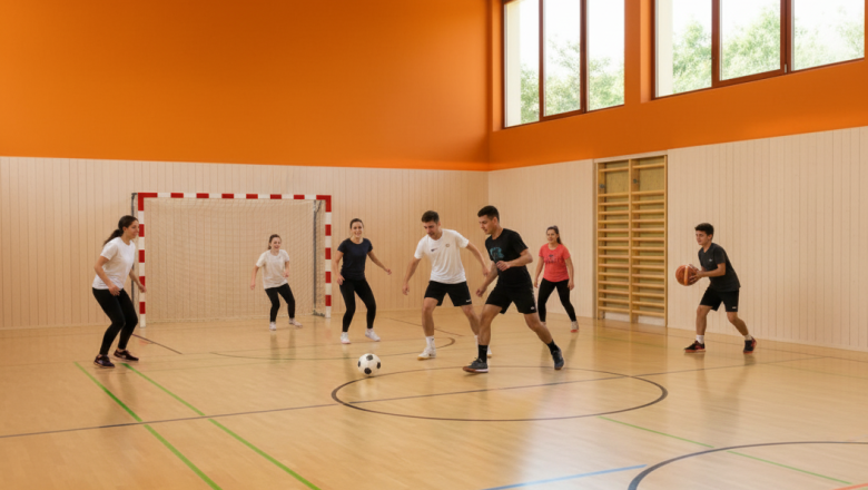 Children's entertainment, © Austria-Best-Hotels People play soccer and basketball in a gym.