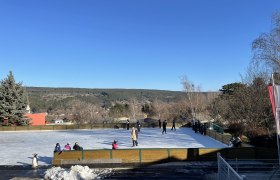 Piesting ice rink, © Wiener Alpen/Katharina Lechner Ice rink with people and a penguin figure, surrounded by trees and hills under a blue sky.