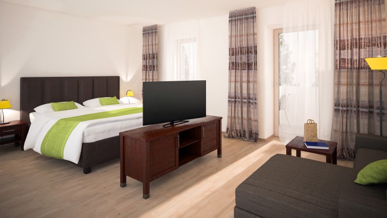 Animation Top 6, © Mattone GmbH Modern hotel room with double bed, TV and sofa.