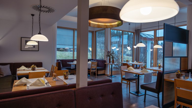 Hotel Schwarz Alm Zwettl, © Niederösterreich Werbung / Maximilian Pawlikowsky Interior view of a modern hotel restaurant with wooden furniture and large windows.