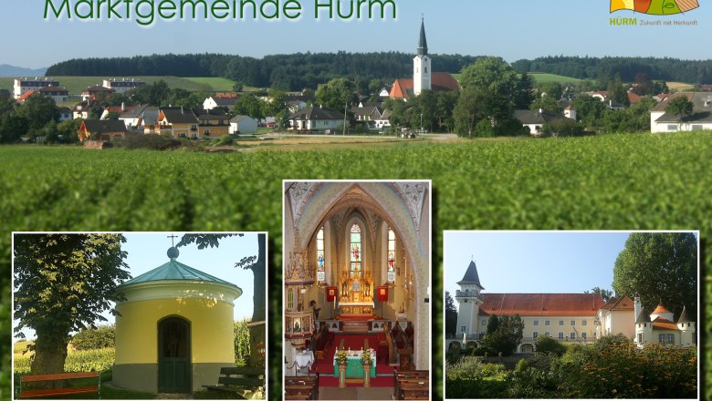 Municipality of Hürm, © zVg Hürm Panorama of the market town of Hürm with church and landscape, including three detailed images of the chapel, church interior and castle.