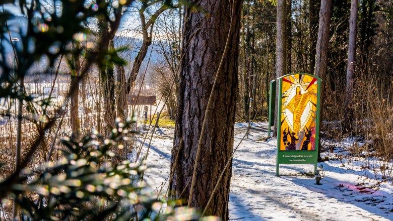 Glass Way of the Cross, © Wiener Alpen, Flotoanker - Luckerbauer Winter forest path with sun and religious picture made of glass.