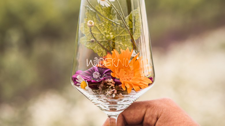 Wine glass, © Elke Wolfbeisser A wine glass with flowers and leaves, held by a hand in front of a blurred background.
