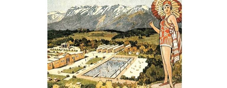 Edlach lido, © Gemeinschaft Strandbad Edlach Illustration of an outdoor swimming pool with mountains in the background and a woman in a swimsuit in the foreground.