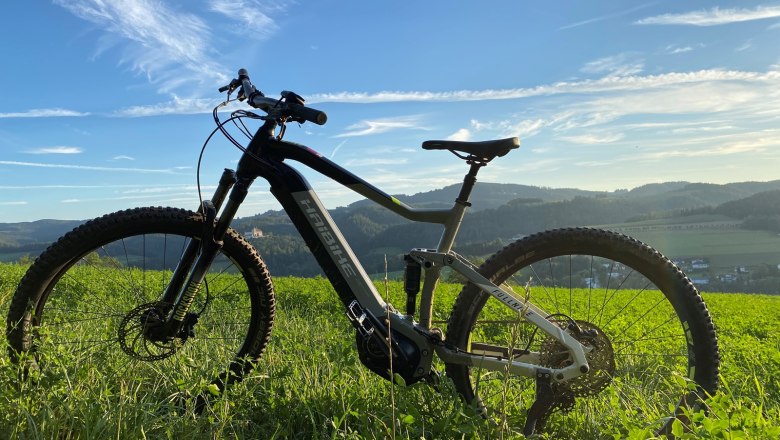 Bike rental directly at the hotel, © Manuel Stockinger Close-up of a bicycle on a green meadow with a hilly landscape in the background.