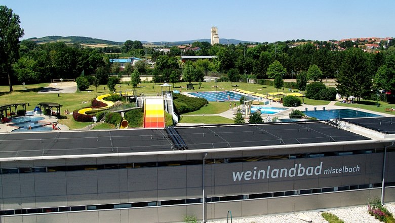 Weinlandbad Mistelbach, © Gemeinde Mistelbach Aerial view of the Weinlandbad Mistelbach with swimming pool and slides.