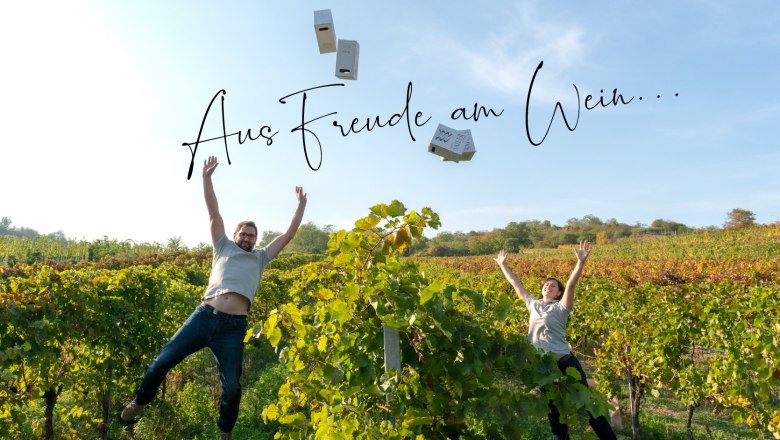 Creative, full of ideas and open to everything, © Michael Himml Two people jump into the air in a vineyard while throwing up cardboard boxes. The sky is blue and the text 'For the joy of wine...' can be seen.