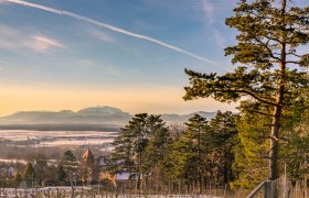Winder at the Eichbüchl viewpoint, © Wiener Alpen, Florian Luckerbauer Winter landscape with trees and mountains in the background at sunset.