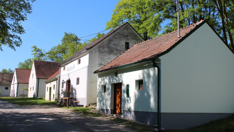 Wine cellar lane Fuchsenweg, © Weinviertel Tourismus Row of traditional wine cellars in a rural setting with trees and blue skies.