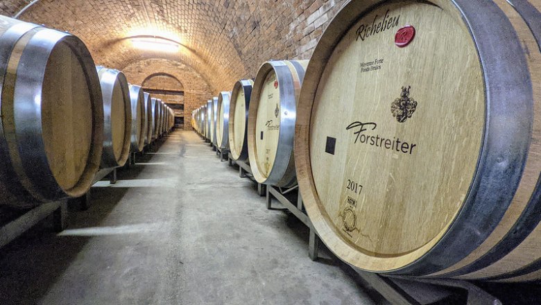 Barrel cellar at the Forstreiter winery, © Weingut Meinhard Forstreiter Barrel cellar with wooden barrels at the Forstreiter winery.