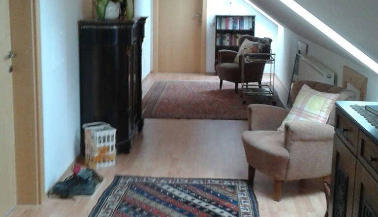 Gear, © © Bianca Waysmayer A cozy attic hallway with carpet, plants and furniture.