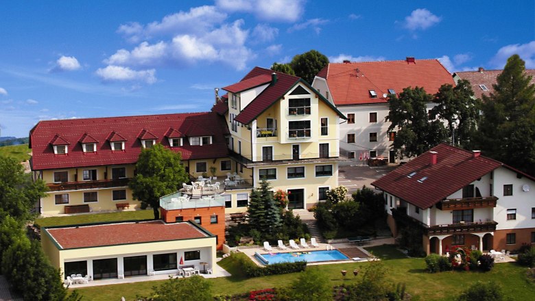 Hotel of happiness, © Hotel des Glücks, Hermann Cisar A hotel complex with red roofs, pool and garden, surrounded by trees and flowering plants under a blue sky.