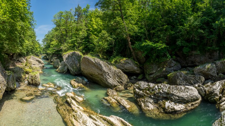 Erlauf Gorge, © blende21 - fabian istel photography Panoramic view of the Erlauf gorge with its turquoise river and large rocks, surrounded by dense forest.