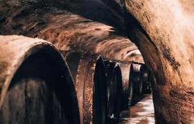 Wine cellar, © Niederösterreich Werbung / Romeo Felsenreich An old wine cellar with large wooden barrels on the walls.