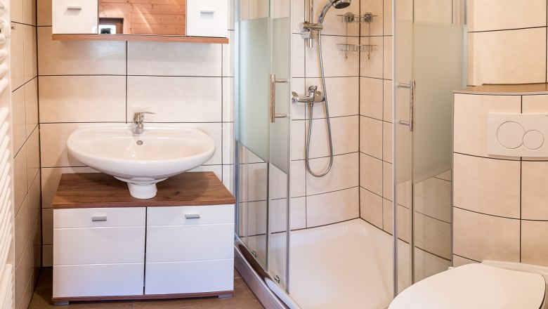 Apartment "Panorama" Bathroom, © Familie Morgenbesser Modern bathroom with shower, washbasin, WC and blue bath mat.