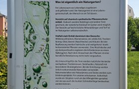 IGL Park Overview, © "Natur im Garten" Information sign of the Sparkasse Korneuburg IGLPARK with text about nature gardens and a map of the park.