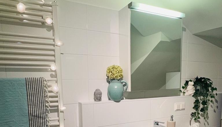 Bathroom, © Martina Lechner Modern bathroom with washbasin, mirror, towel rail and decorations.