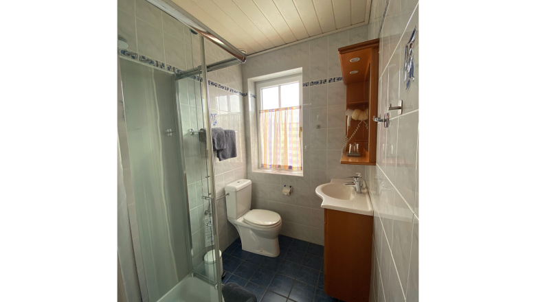 Double room, © Trachsler Small bathroom with shower, toilet and washbasin.