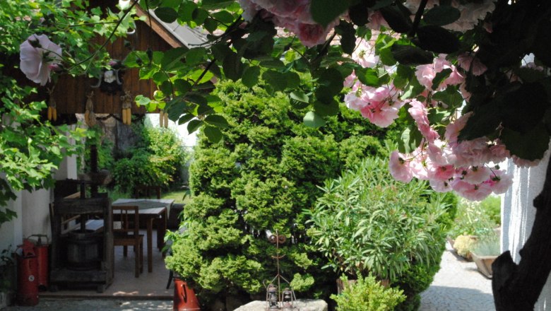 Garden, © Fam. Pointner An idyllic garden with blooming roses, a wooden table and a small wooden house in the background.