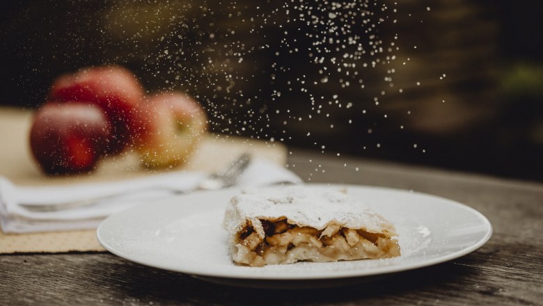 Homemade apple strudel, © Niederösterreich Werbung/Sophie Menegaldo Apple strudel with powdered sugar on a plate, apples in the background.