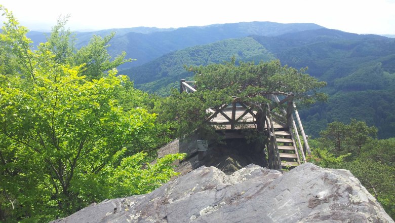 Gruberwarte, © Donau NÖ Wurm Viewing platform in a wooded mountain landscape.