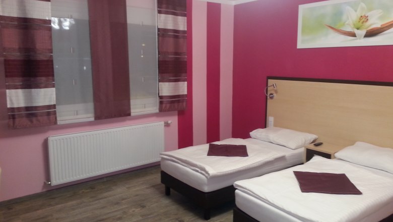 Double room, © Konrad Brandl Twin room with two single beds, pink walls and a picture of a flower on the wall.