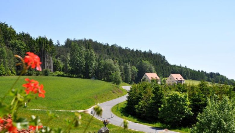 View, © Erwin Weber Landscape with green fields, a winding road and two houses in the background.